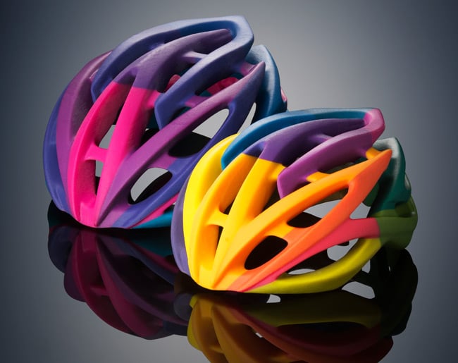 Two bicycle helmets printed by the Stratasys Objet500 Connex3. Pic: Stratasys