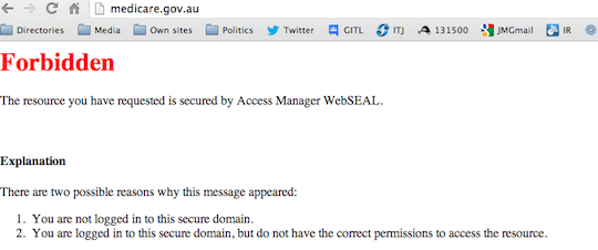 Server error message at medicare.gov.au
