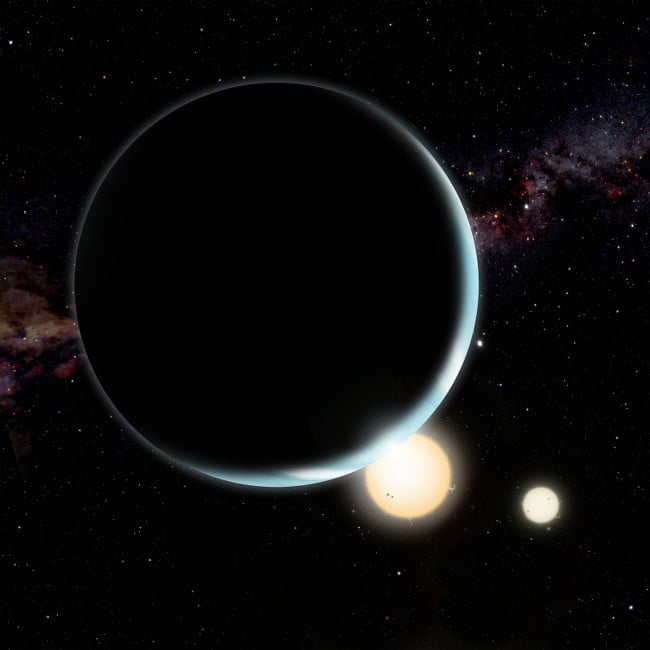 An artist's conception of Kepler-34b which orbits a double-star system 