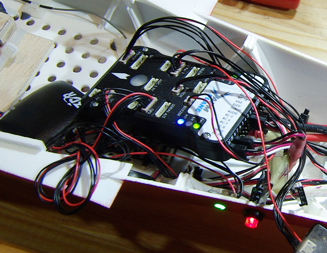 Close-up of the Pixhawk and untamed wiring