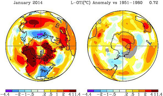 Goddard Institute for Space Studies (GISS) global temperature anomaly map for January 2014