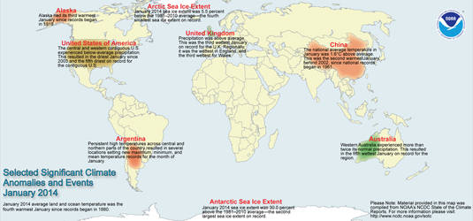 National Oceanic and Atmospheric Agency (NOAA) map of significant weather anomalies in January 2014