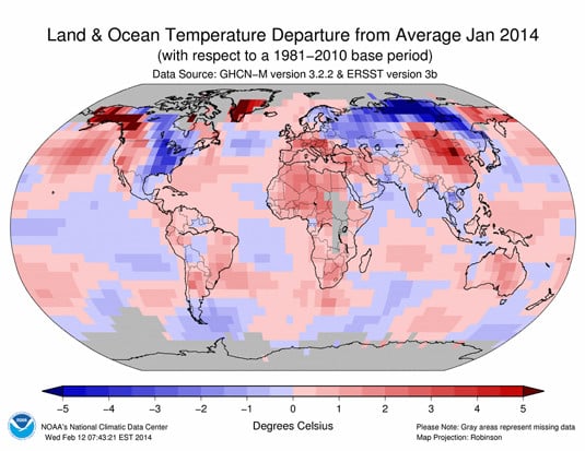 National Oceanic and Atmospheric Agency (NOAA) map of temperature anomalies in January 2014