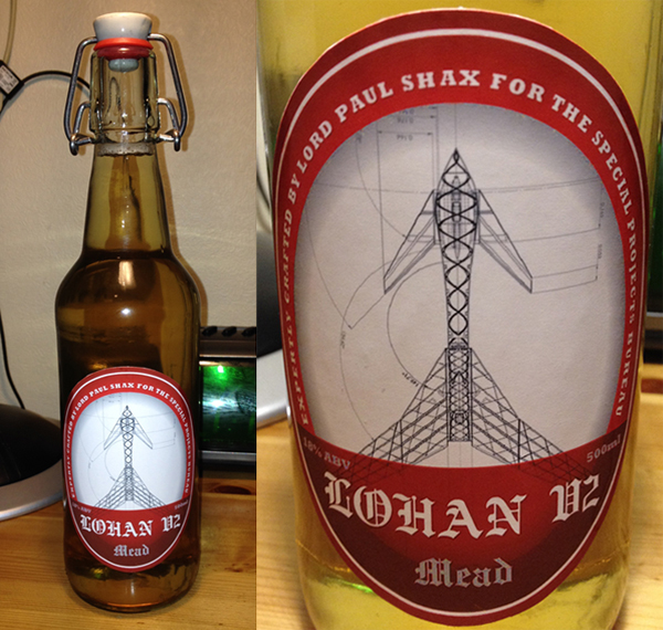 A bottle with a mocked-up V2 mead label