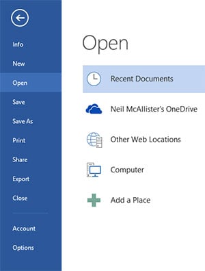 Screenshot of Office 2013 SP1 showing OneDrive branding