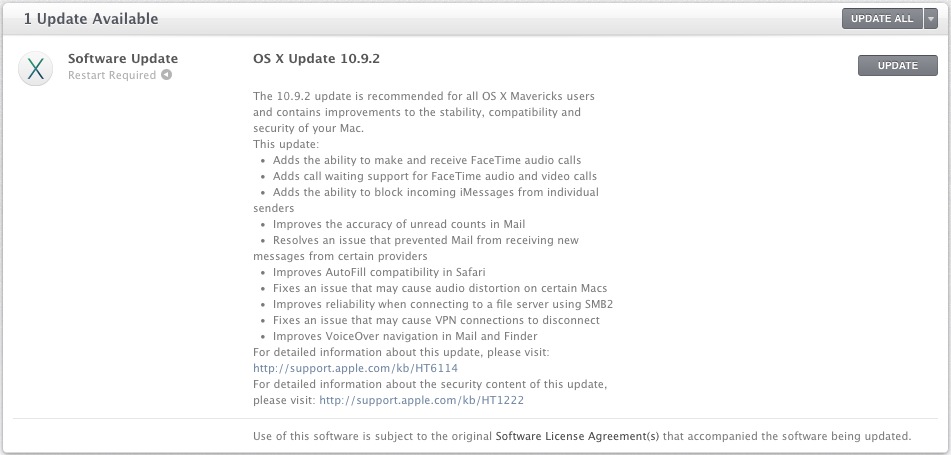Screenshot of the list of updates for OS X 10.9.2
