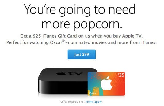Promo from Apple website, bundling $25 iTunes gift card with $99 Apple TV