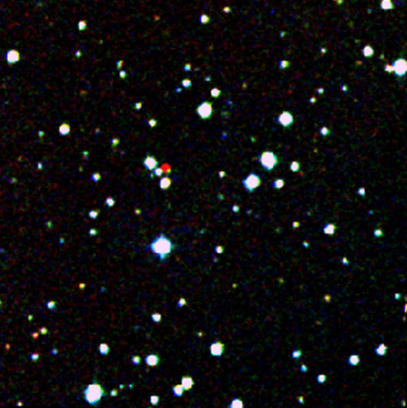 A nearby star stands out in red in this image from the Second Generation Digitized Sky Survey by WISE