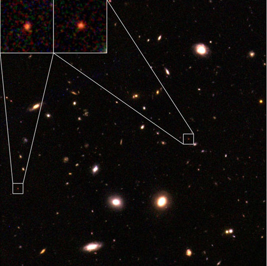 Two of the 15 ancient, mature galaxies found in the Chandra Deep Field South, as imaged by the Hubble Space Telescope