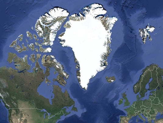 Satellite image of Greenland, North America, and Wester Europe