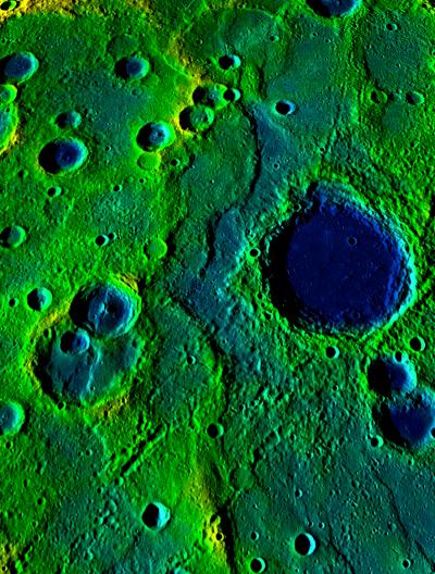 A long collection of ridges and scarps on the planet Mercury, stretching over 540km. The colours correspond to elevation - yellow-green is high and blue is low.