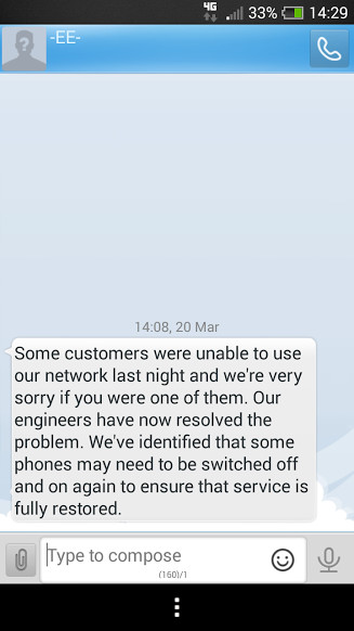 Purported EE text telling customer to turn phone off and on again