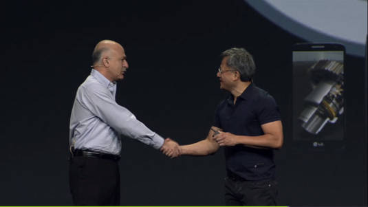 VMware CTO Ben Fathi and Nvidia CEO and cofounder Jen-Hsun Huang shake hands to seal their new partnership