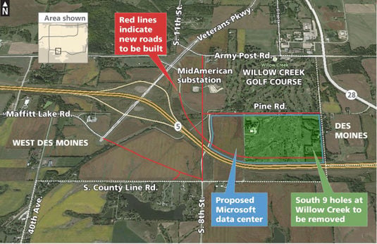 Aerial view and map of site for new $1.1bn Microsoft data center near Des Moines, Iowa