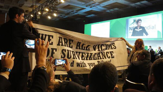 Protestors at the NetMundial conference in Brazil, April 2014