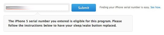 Screenshot of Apple's 'iPhone 5 Sleep/Wake Button Replacement Program' page showing that the serial number entered qualifies the iPhone for repair