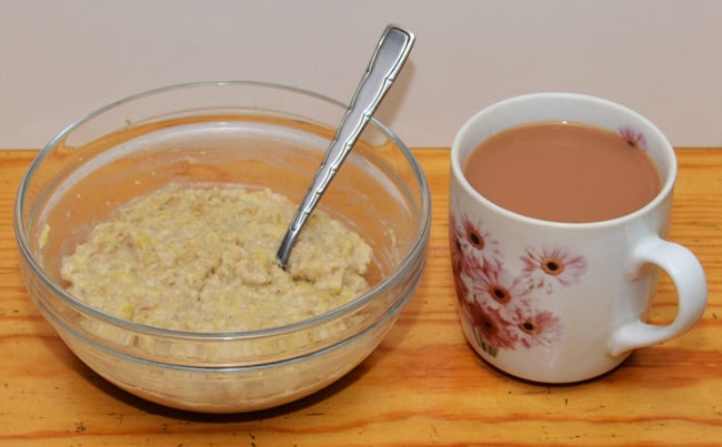 Chris's breakfast of porridge and tea