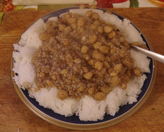 Lester's dinner last night - chick pea stew and rice