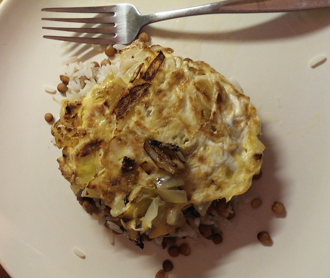 Toby's rice, lentil and fried egg fritter