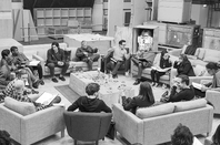 Writer/Director/Producer J.J Abrams (top center right) at the cast read-through of Star Wars Episode VII at Pinewood Studios with (clockwise from right) Harrison Ford, Daisy Ridley, Carrie Fisher, Peter Mayhew, Producer Bryan Burk, Lucasfilm President and Producer Kathleen Kennedy, Domhnall Gleeson, Anthony Daniels, Mark Hamill, Andy Serkis, Oscar Isaac, John Boyega, Adam Driver and Writer Lawrence Kasdan. Credit: David James