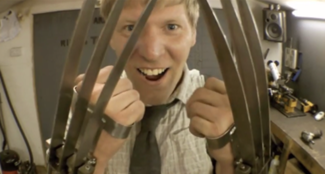Colin Furze joyfully showing off his fully retractable Wolverine claws