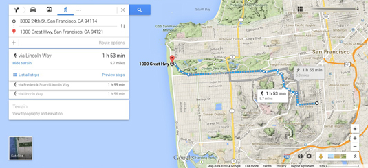 Google Maps walking route with terrain details