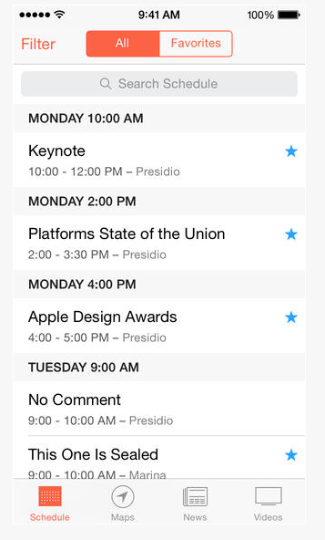 Screenshot of the WWDC app