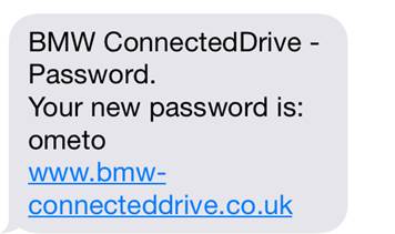 Screenshot from Connected Drive text message showing a short password