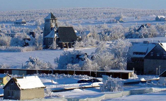 Beautiful snow-covered landscape in German/Czech mining town called Zinnwald/Cinovec