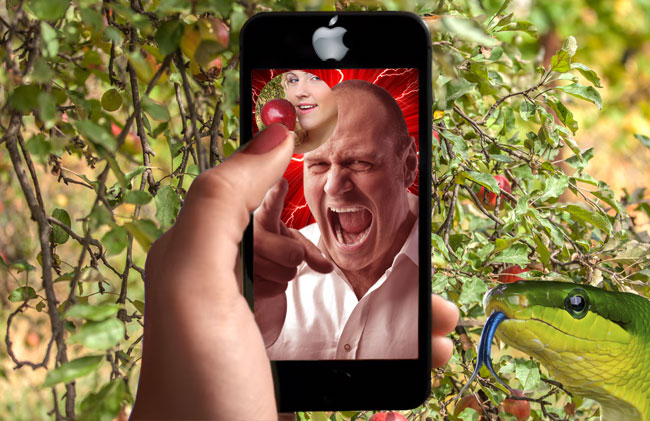 Eve in the Garden of Eden talking to a rather angry God on Snapchat