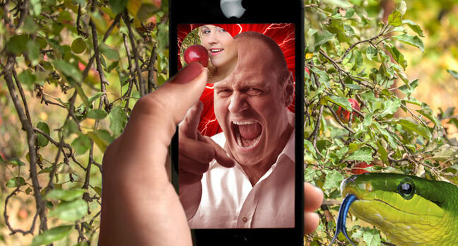 Eve in the Garden of Eden talking to a rather angry God on Snapchat