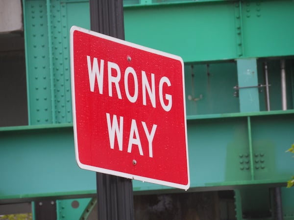 A wrong way road sign in Boston, Massachusetts