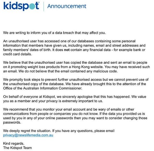 Kidspot's email to customers