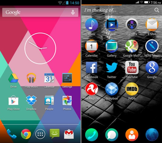 Android 4.2.2 UI is close to stock (left), Firefox OS 1.3 is basic but functional (right)