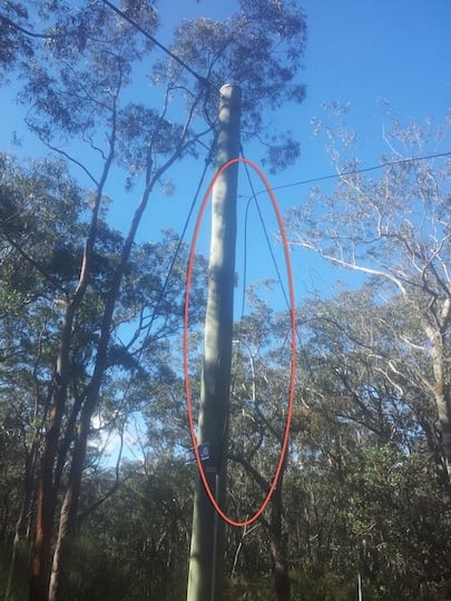 The cable attached to a power pole