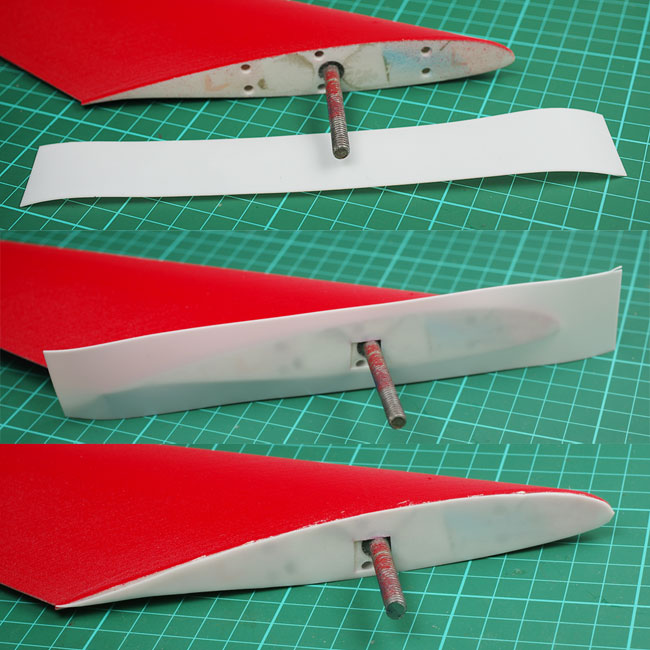 Three photos showing Teflon glued to one of the canards