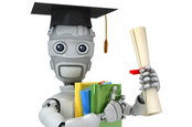 Robot wearing mortar board and brandishing certificates