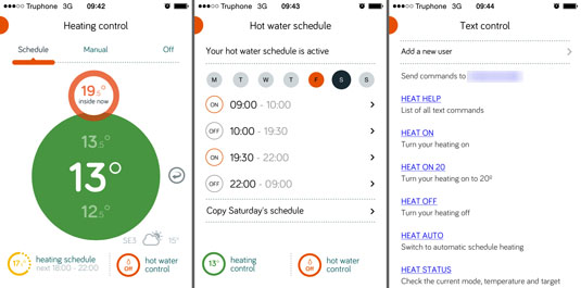 Hive app controls showing heating overview, hot water scheduling and Text message options