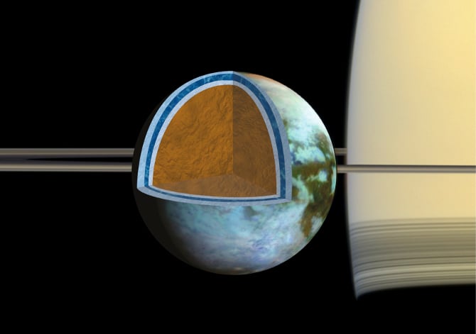 Researchers found that Titan's ice shell, which overlies a very salty ocean, varies in thickness around the moon, suggesting the crust is in the process of becoming rigid.