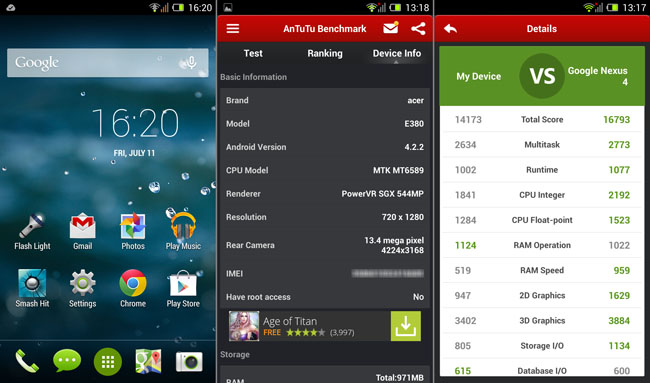 Acer Aspire Liquid E3 homescreen and AnTuTu score