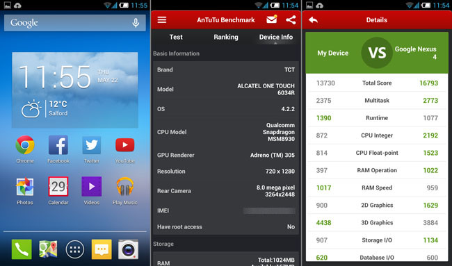 Alcatel Idol S homescreen and AnTuTu score