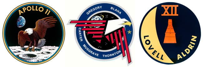 Three NASA mission patches