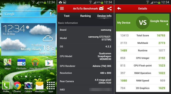 Samsung Galaxy Ace 3 homescreen and AnTuTu score