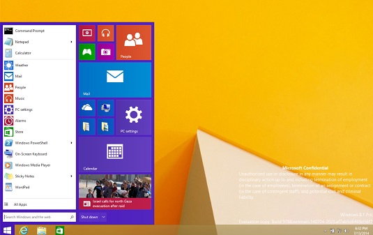 Leaked screenshot showing new Windows 8.x Start Menu