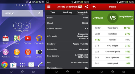 Sony Xperia E1 homescreen and AnTuTu score