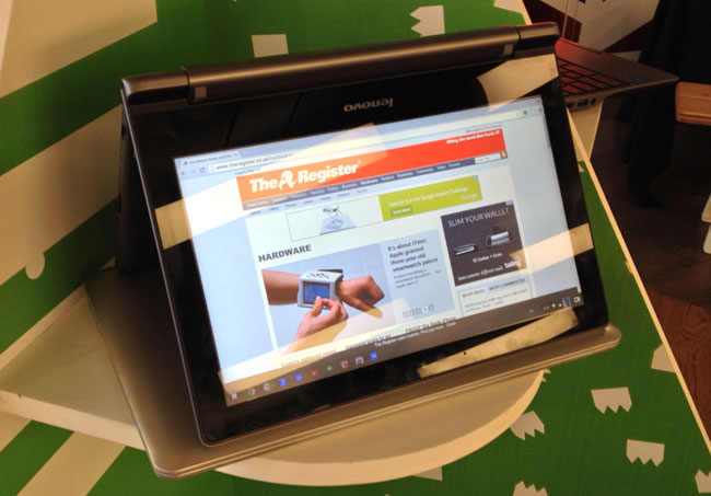 Lenovo's N20p bendy Chromebook stands atop a Toshiba CB30