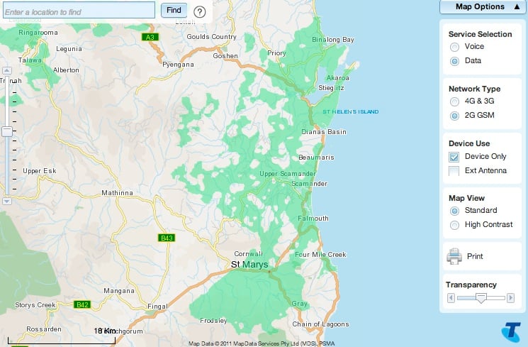 Telstra 2G coverage map northern tasmania