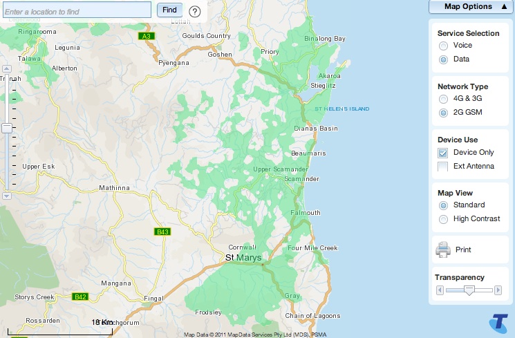 Telstra 2G coverage map northern tasmania