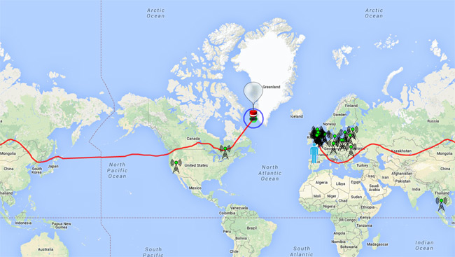 The path of B-64 shown on a world map