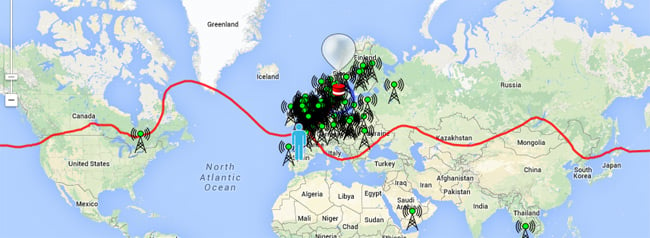 The path of B-64 overlaid on a world map